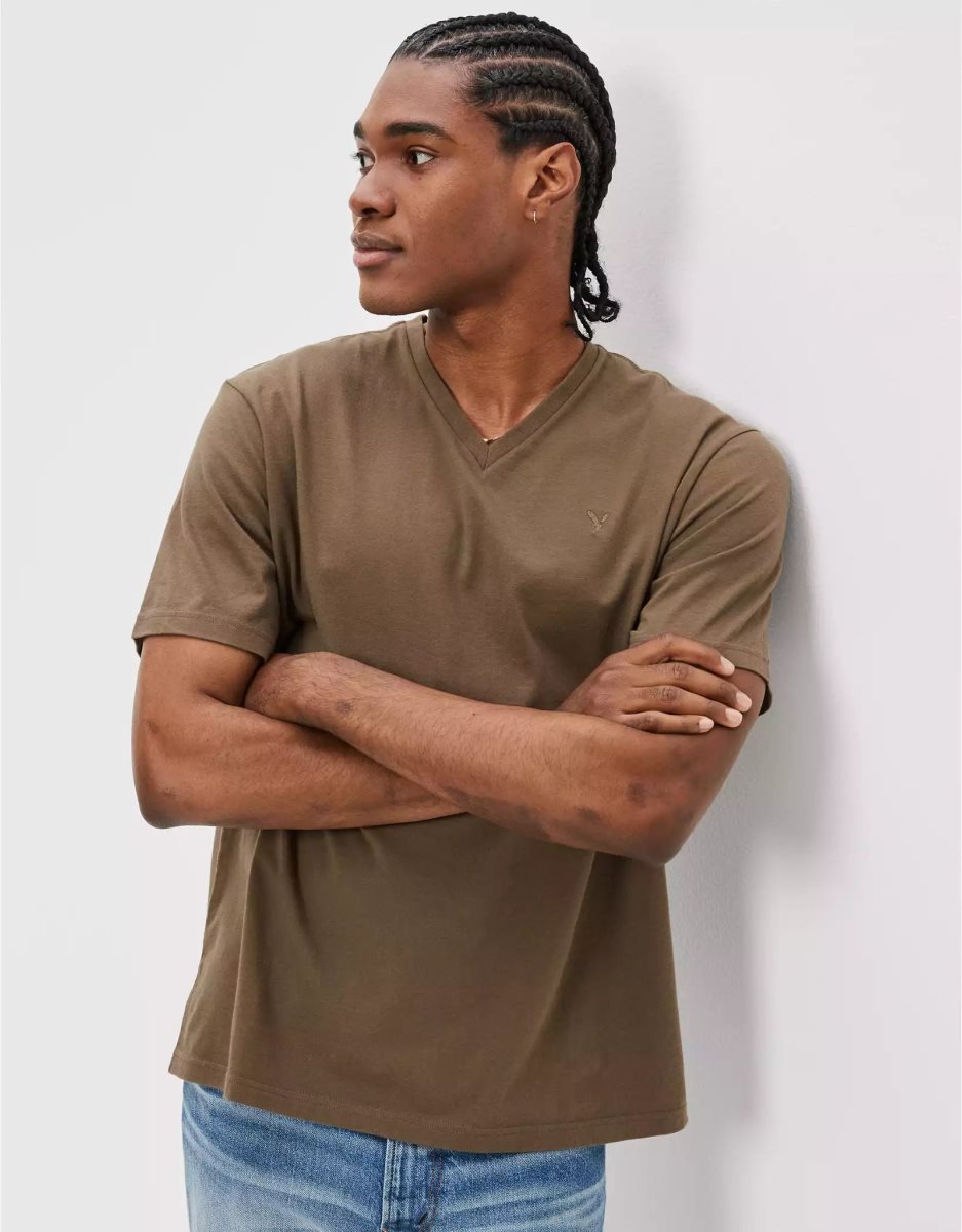 T Shirts American Eagle AE Super Soft Legend V-Neck Vert Olive Homme | AGQ-95424209